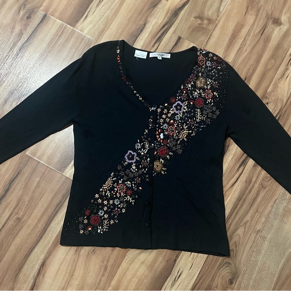VTG Lou Lou Beaded Embroidered Black Rayon Cardigan Sz L